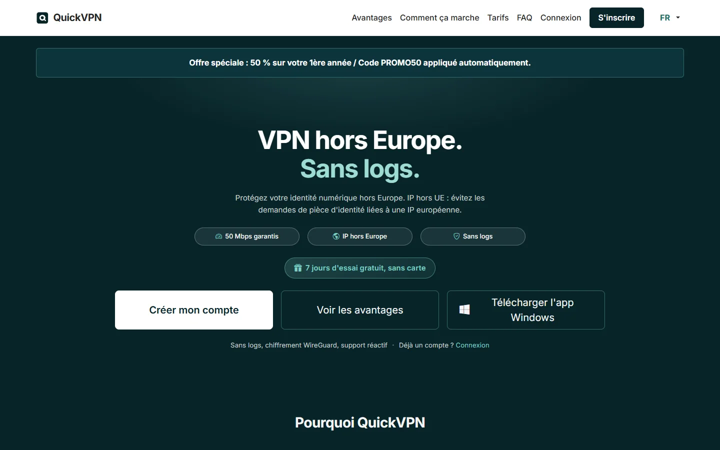 Aperçu du site QuickVPN : VPN et application Windows
